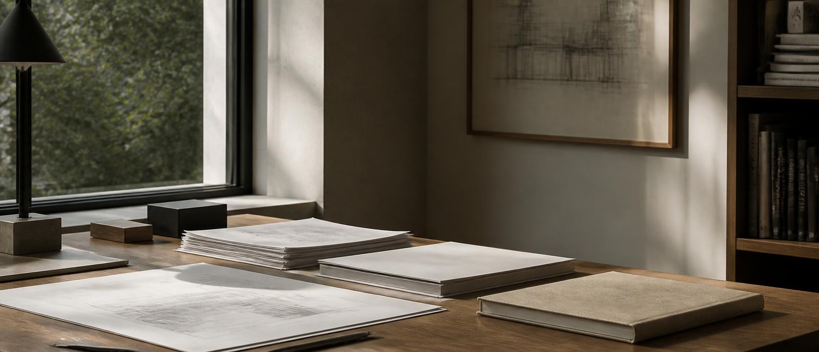 A quiet working interior: natural timber desk, papers and a notebook in soft directional daylight.