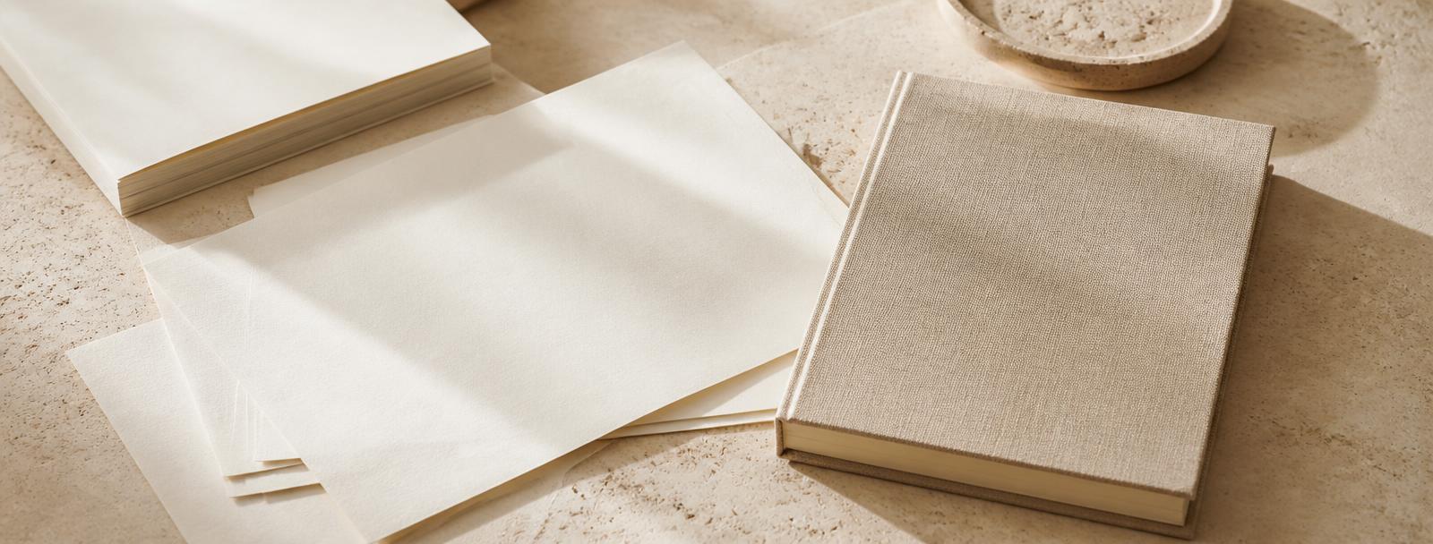 Printed pages and a notebook laid on a plain table in even, natural light.